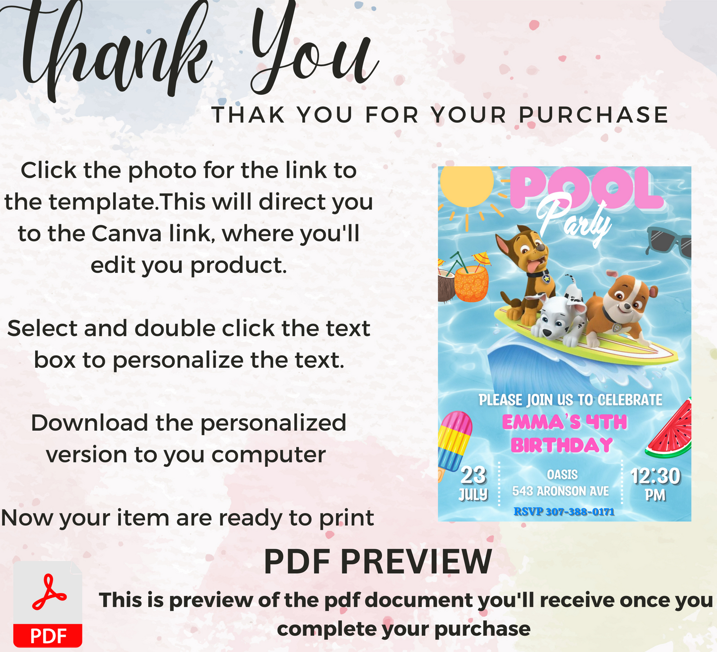Paw Patrol Pool Birthday Invitation | Editable Canva Template | Swim Party Invite | Printable Kids Summer Birthday Invitation