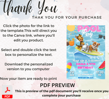 Paw Patrol Pool Birthday Invitation | Editable Canva Template | Swim Party Invite | Printable Kids Summer Birthday Invitation