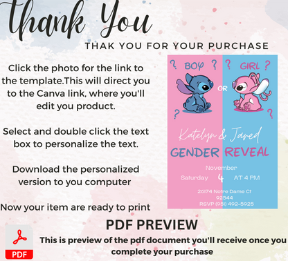 Stitch and Angel Gender Reveal Invitation | Pink & Blue Baby Reveal | Editable Canva Template | Cute Printable Baby Shower Invite