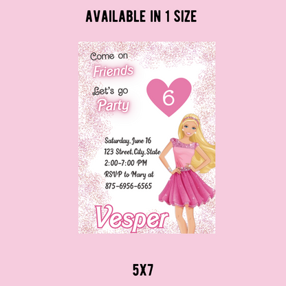 Barbie Glitter Pink Birthday Invitation | Sparkly Barbie Party Invite | Editable Canva Template | Printable Girls Birthday Invitation