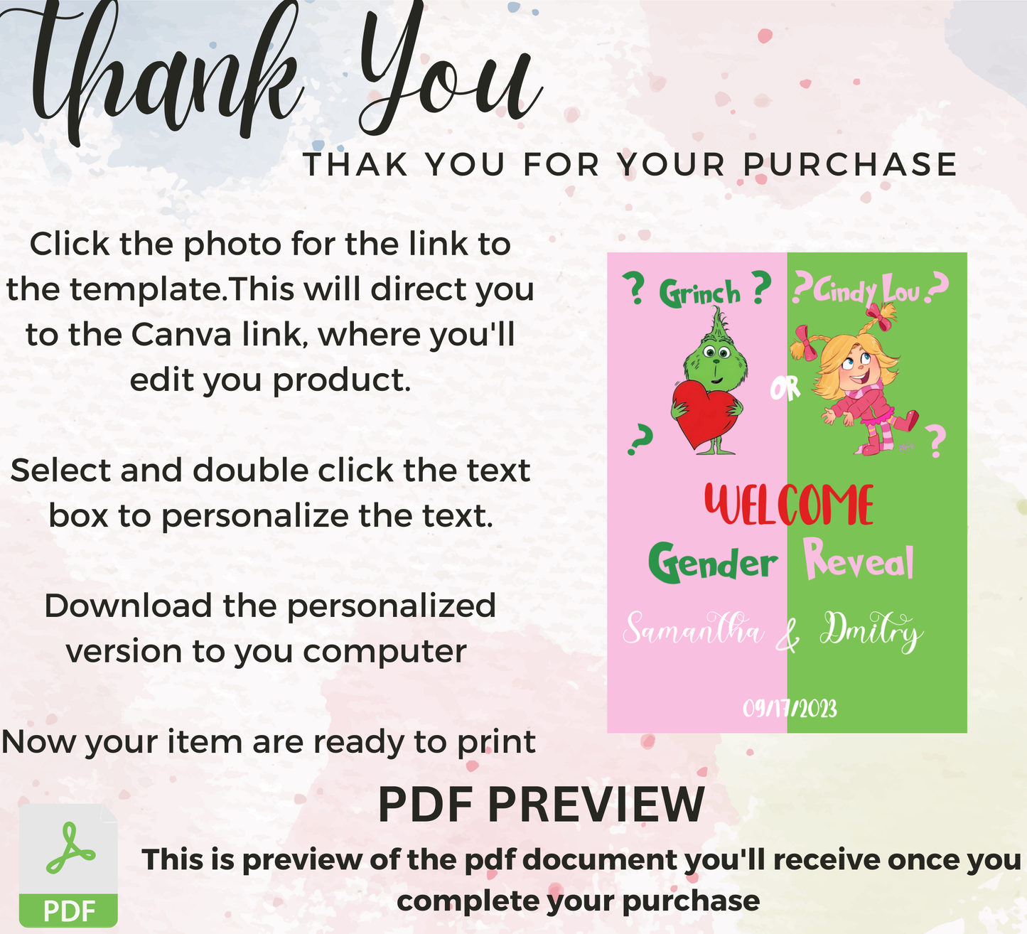 Grinch & Cindy-Lou Gender Reveal Invitation | Pink & Green Holiday Theme | Editable Canva TemplateGrinch & Cindy-Lou Gender Reveal Invitation | Pink & Green Holiday Theme | Editable Canva Template