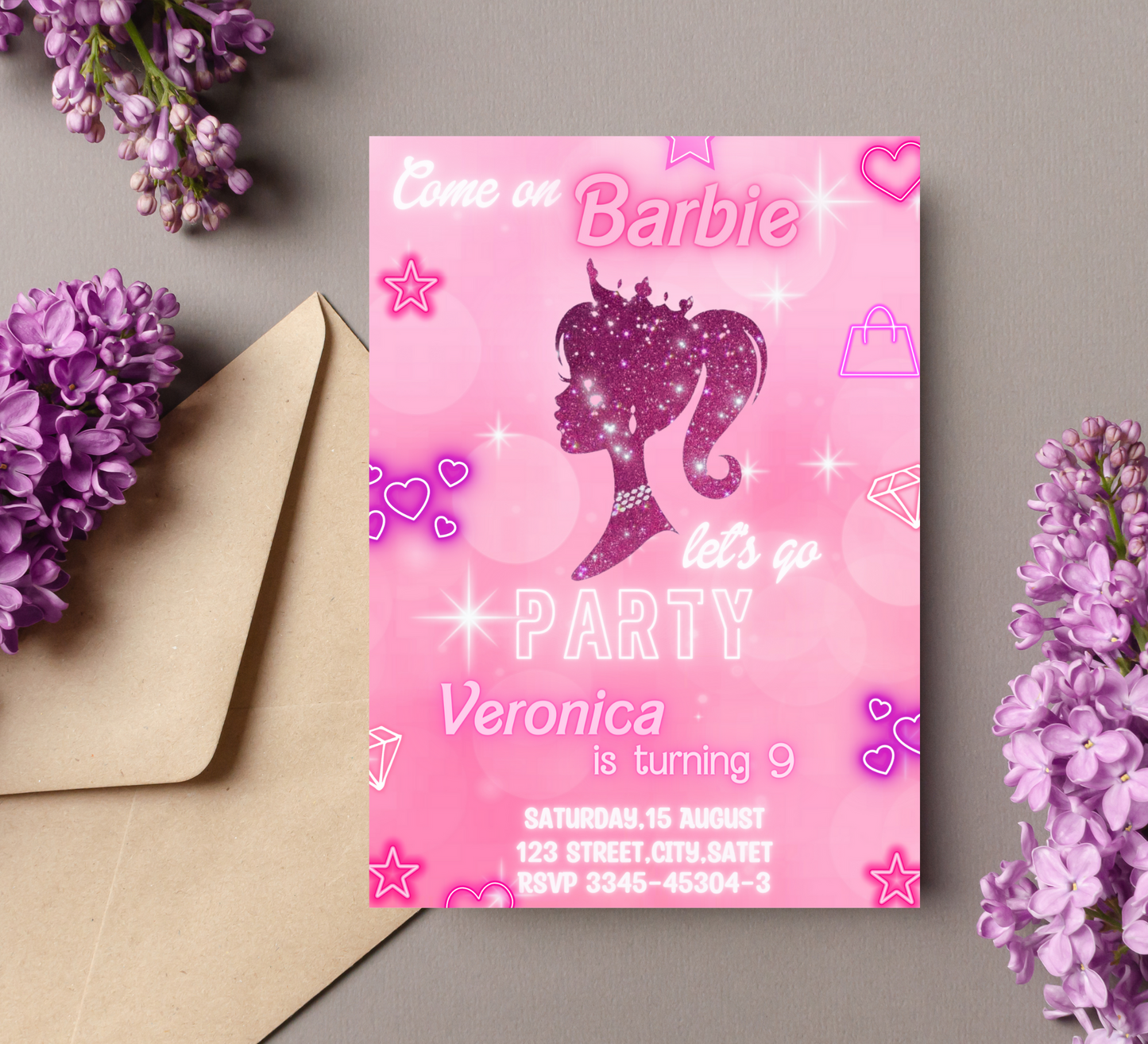 Barbie Pink Glitter Birthday Invitation | Glam Doll Party Invite | Editable Canva Template | Sparkly Printable Girl Birthday Invitation