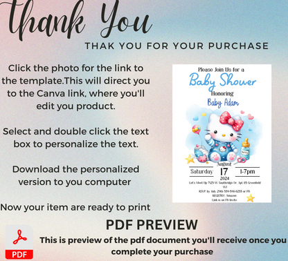 Hello Kitty Blue Baby Shower Invitation | Editable Canva Template | Kawaii Baby Boy Shower Invite | Printable Cute Baby Announcement