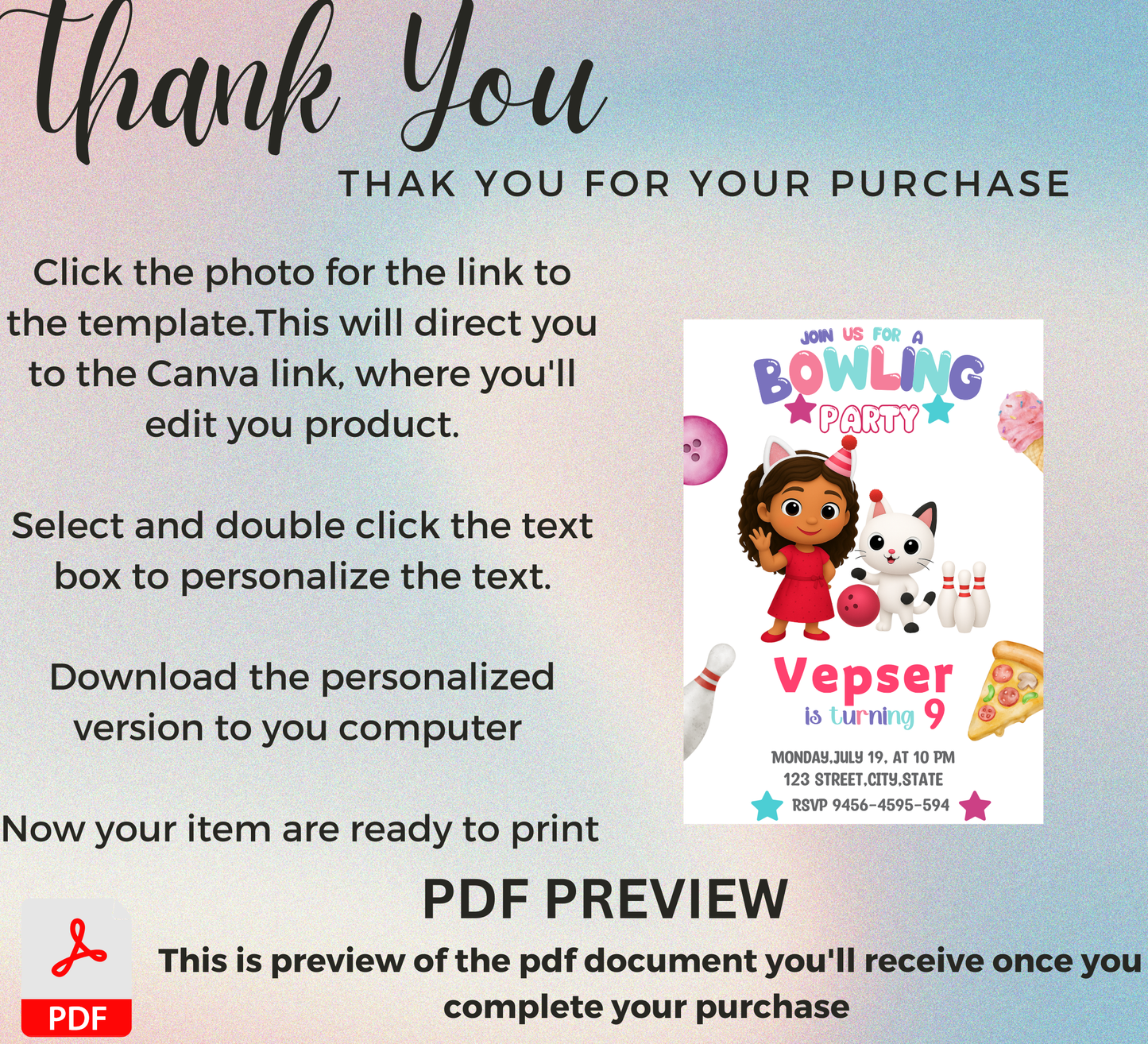 Gabby's Dollhouse Bowling Birthday Invitation – Editable Canva Template – Cat-tastic Bowling Party Invite – Kids Summer or Indoor Activity Birthday – Instant Download