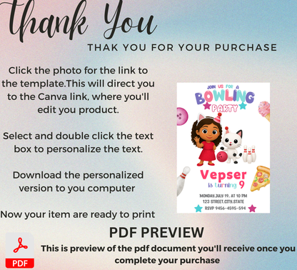 Gabby's Dollhouse Bowling Birthday Invitation – Editable Canva Template – Cat-tastic Bowling Party Invite – Kids Summer or Indoor Activity Birthday – Instant Download