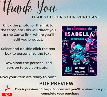 Stitch Neon Roller Skating Birthday Invitation | Glow Party Invite | Editable Canva Template | Blue Neon Skate Party Birthday Invitation