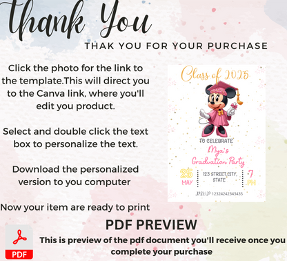 Minnie Mouse Graduation Invitation | Kindergarten & School Graduation Invite | Editable Canva Template | Pink Minnie Party Printable