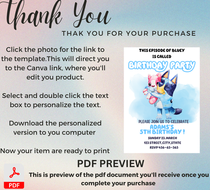 Bluey Baby Shower Invitation – Editable Canva Template – Cute Heeler Family Baby Shower Invite – Bluey & Bingo New Baby Printable