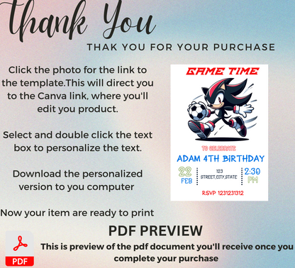 Shadow & Sonic the Hedgehog Football Birthday Invitation | Sports Theme Kids Party | Editable Canva Template | Printable Game Day Invite