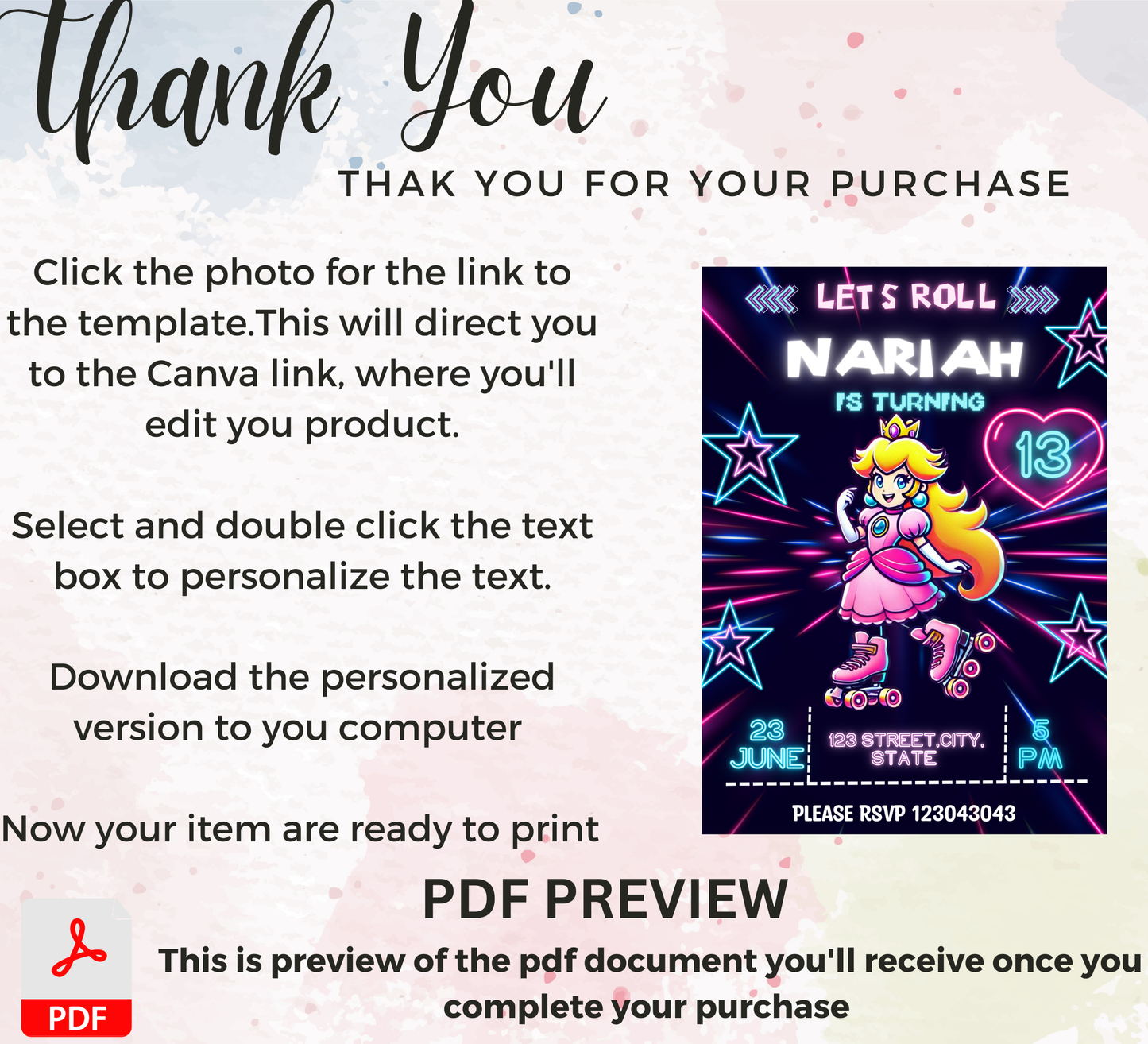 Mario Brothers Princess Peach Roller Skating Neon Birthday Invitation | Glow Party Editable Canva Template
