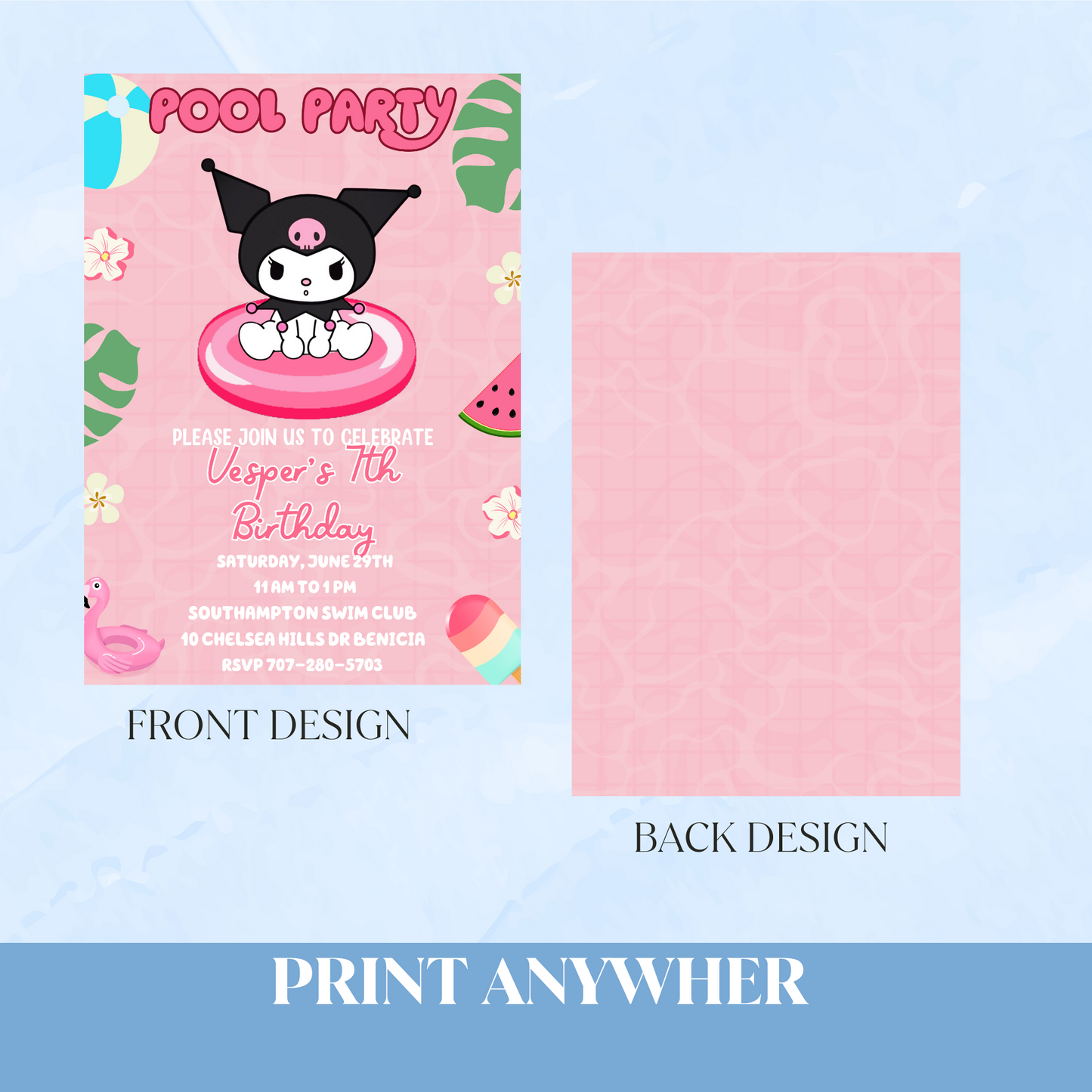 Kuromi Kawaii Pink Pool Birthday Invitation | Cute Summer Swim Party | Editable Canva Template | Pastel Goth Pool Printable