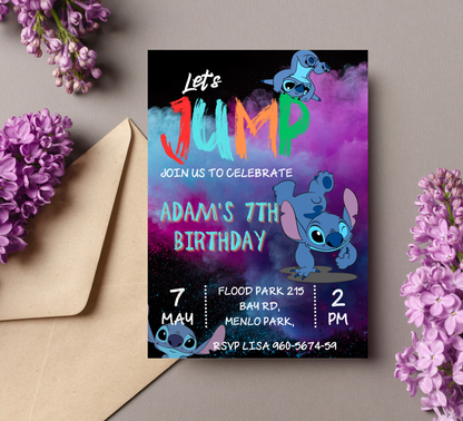 Stitch Jump Neon Birthday Invitation 🌈✨ | Glow Party Invite | Editable Canva Template