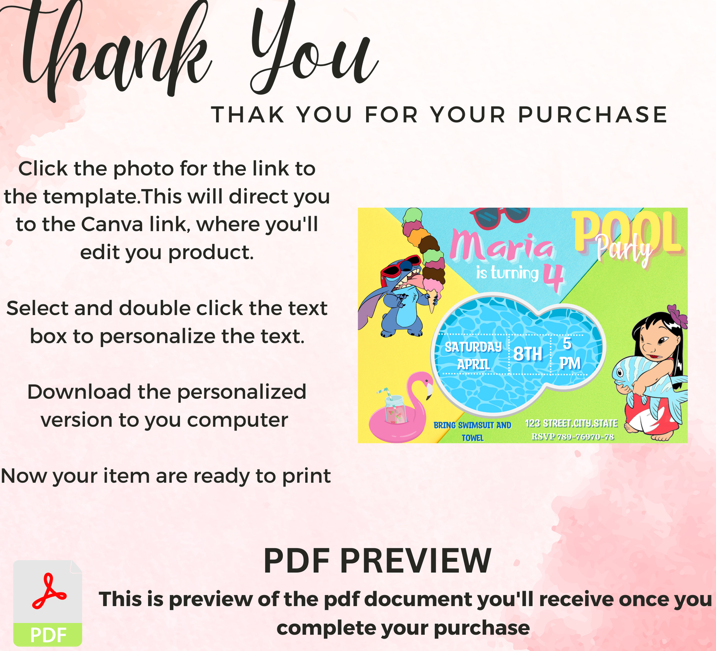 Stitch and Lilo Green Pool Birthday Invitation | Tropical Summer Swim Party | Editable Canva Template