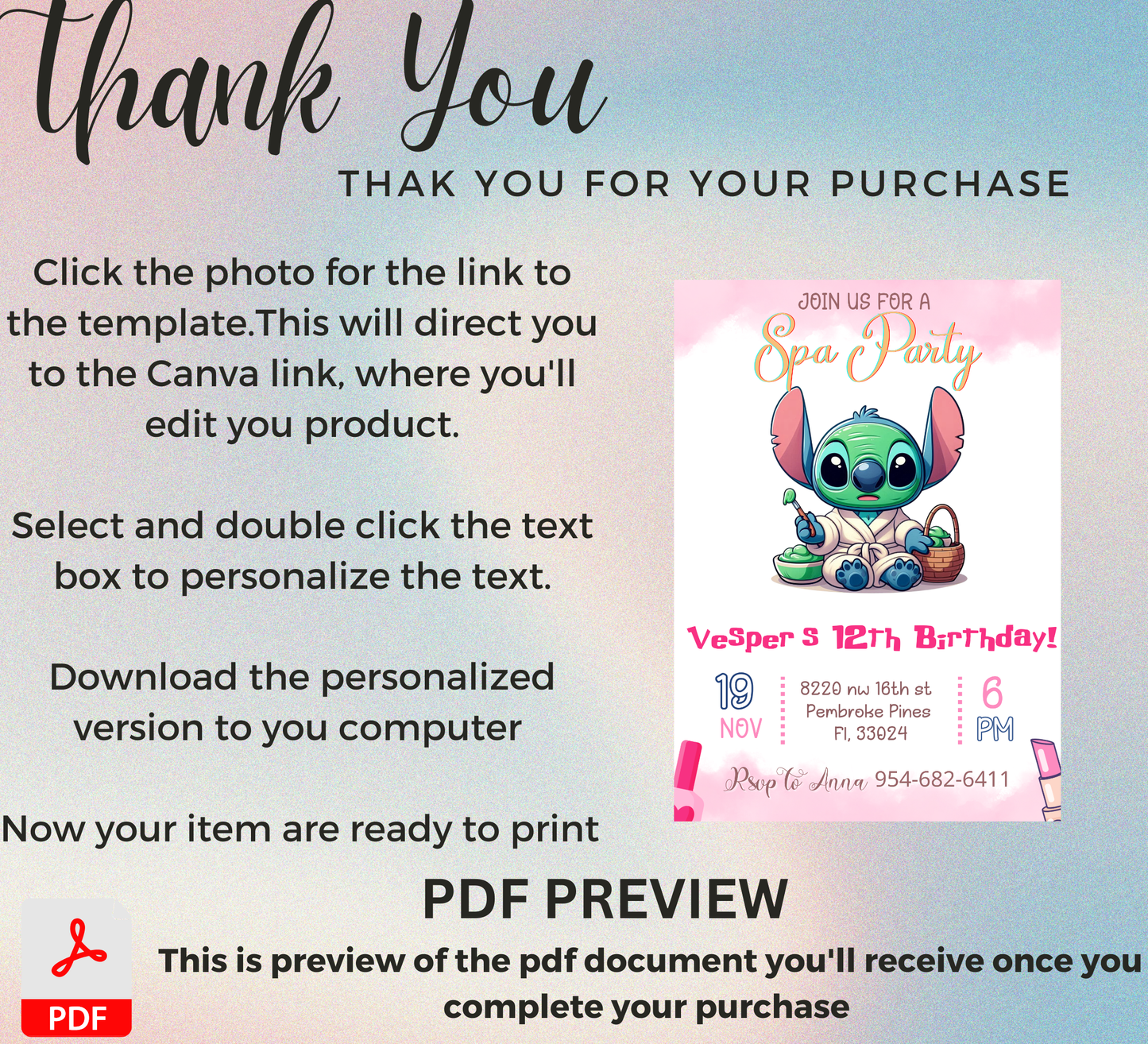 Stitch Sleepover Spa Pajamas Party Birthday Invitation | Kawaii Slumber Party Invite | Editable Canva Template | Cute Printable Kids Birthday