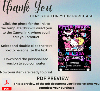 Hello Kitty & Friends Kawaii Neon Birthday Invitation | Editable Canva Template | Cute Glow Party Invite | Printable Girls Birthday Invitation