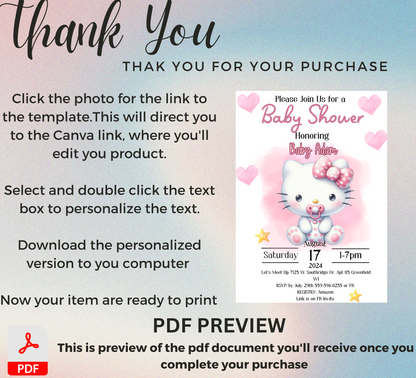 Hello Kitty Pink Baby Shower Invitation | Watercolor Baby Shower Invite | Editable Canva Template | Cute Kawaii Printable Invitation