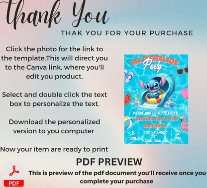 Stitch Waterslide Pool Birthday Invitation | Editable Canva Template | Tropical Swim Party Invite | Printable Summer Birthday Invitation