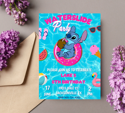 Stitch Waterslide Pool Birthday Invitation | Summer Swim Party | Editable Canva Template