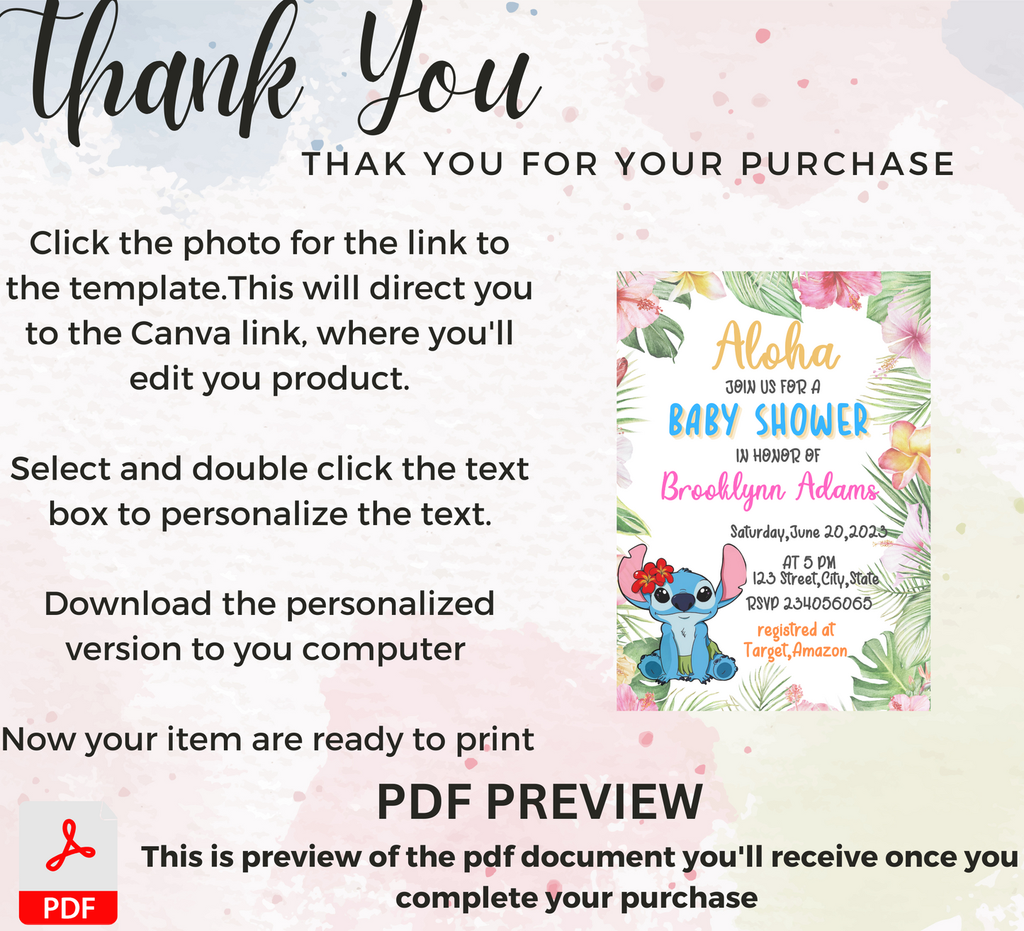 Stitch Aloha Baby Shower Invitation | Hawaiian Tropical Baby Shower Invite | Editable Canva Template | Printable Island Theme Invitation