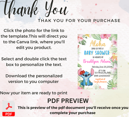 Stitch Aloha Baby Shower Invitation | Hawaiian Tropical Baby Shower Invite | Editable Canva Template | Printable Island Theme Invitation