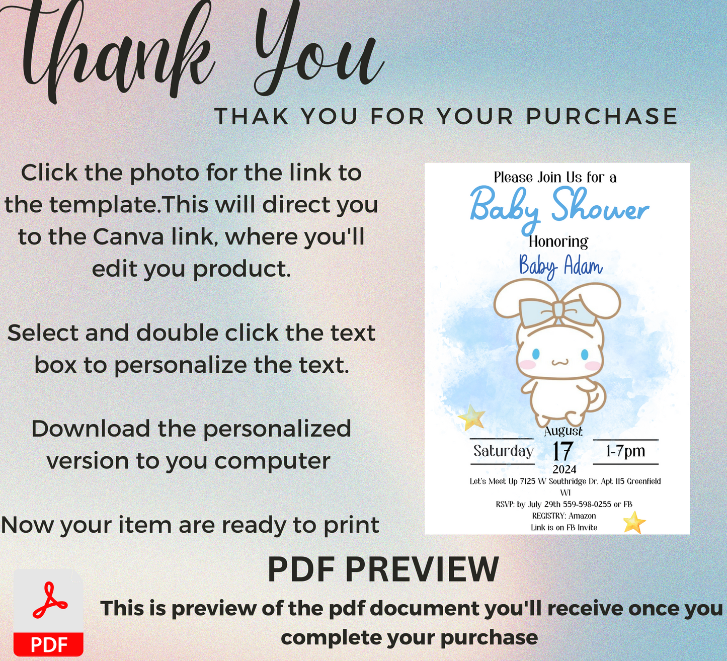 Kawaii Cinnamoroll Baby Shower Invitation | Watercolor Blue Baby Shower Invite | Editable Canva Template | Cute Sanrio Baby Shower Printable