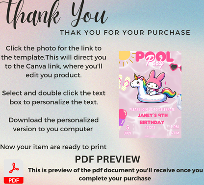 My Melody Unicorn Pool Birthday Invitation | Kawaii Pink Summer Party Invite | Editable Canva Template | Cute Sanrio Pool Birthday Printable