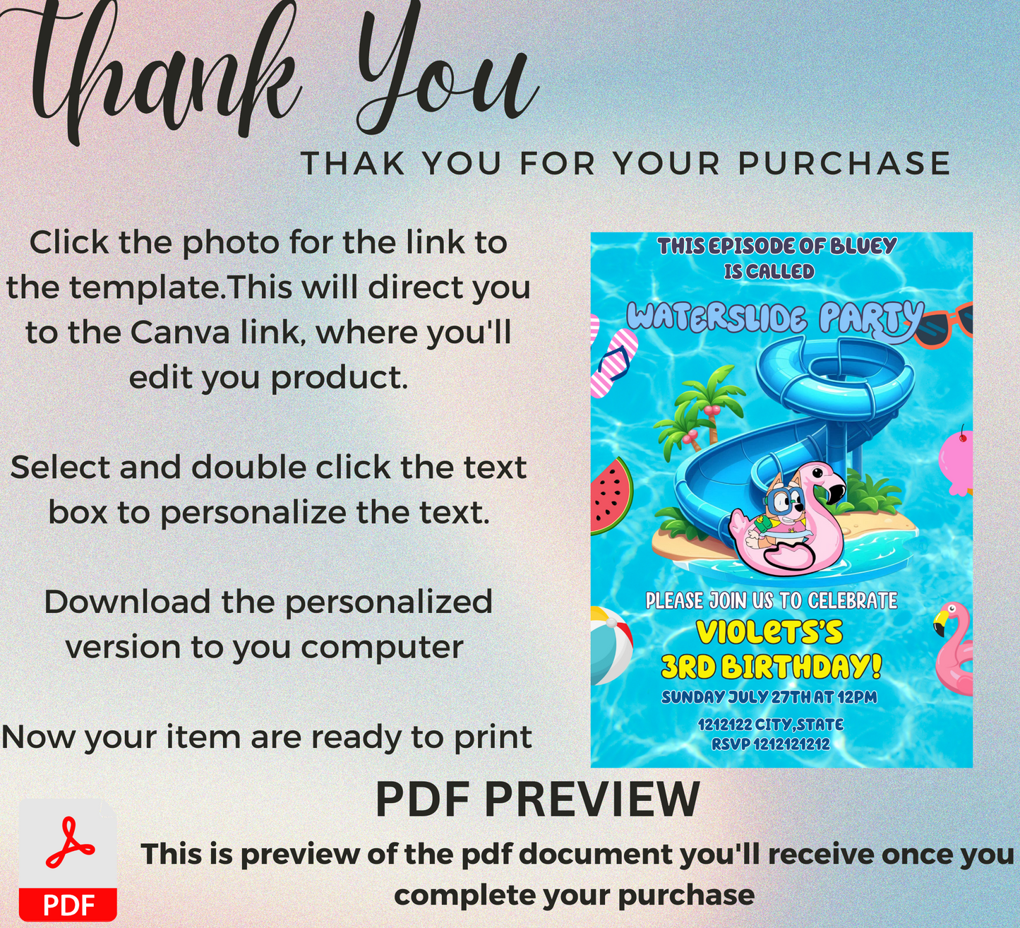 Bluey Waterslide Pool Birthday Invitation 🌊🏄‍♂️ | Bluey Swim Party Invite | Editable Canva Template | Printable Kids Summer Birthday | Bluey & Bingo Splash Pad Party | Boys & Girls Tropical Pool Bash | Wackadoo Summer Invite