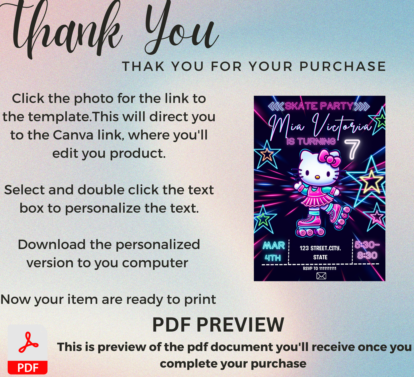 Hello Kitty Roller Skating Neon Birthday Invitation | Editable Canva Template | Kawaii Glow Party Skating Invite | Printable Girls Birthday Invitation