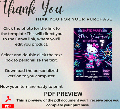 Hello Kitty Roller Skating Neon Birthday Invitation | Editable Canva Template | Kawaii Glow Party Skating Invite | Printable Girls Birthday Invitation