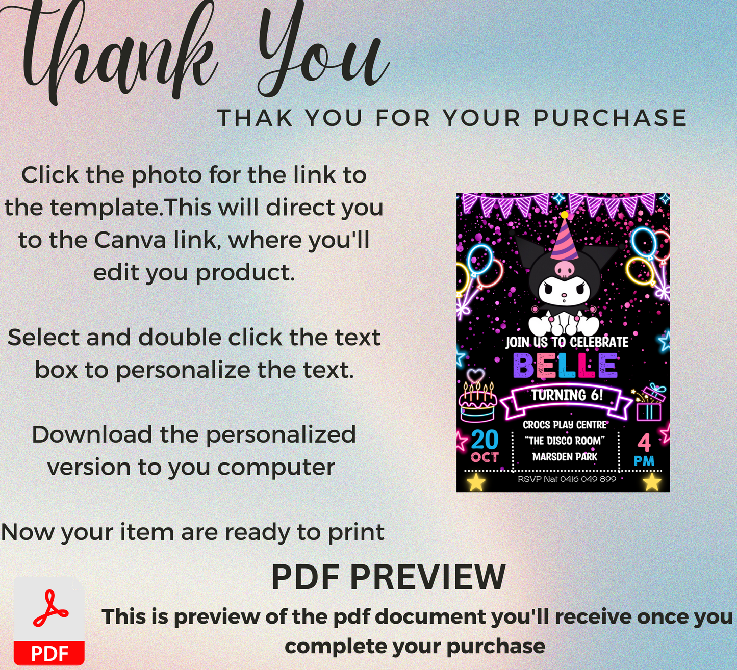 Kuromi Neon Kawaii Birthday Invitation | Cute Glow Party Invite | Editable Canva Template | Pastel Goth Neon Printable