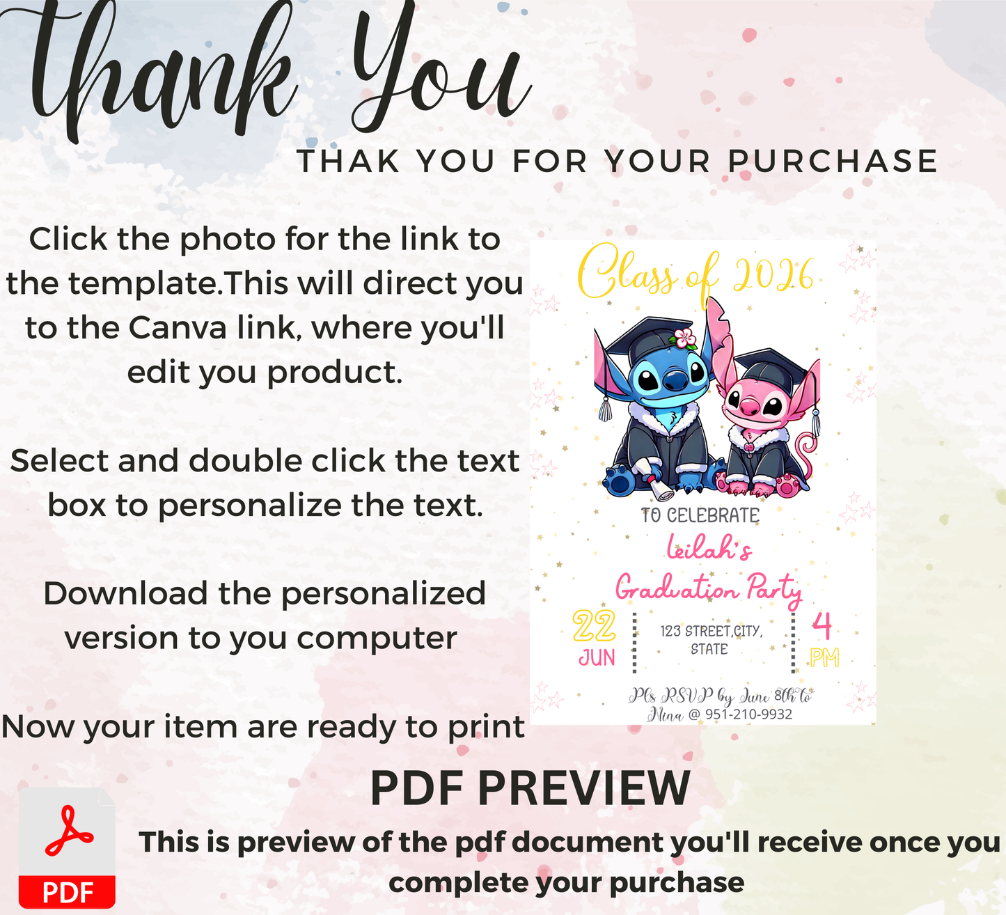 Stitch & Angel Graduation Invitation | Kindergarten & School Moving Up Party | Editable Canva Template | Stitch Graduation Announcement | Pink & Blue School Leavers Invite