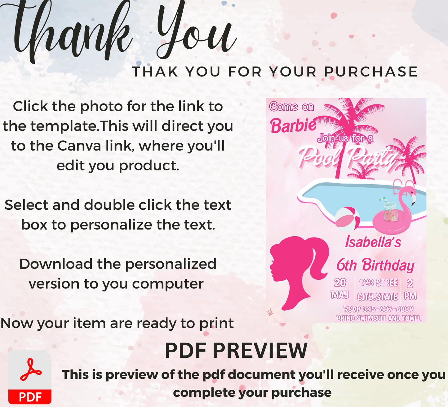 Barbie Pink Pool Birthday Invitation | Girl’s Summer Swim Party | Editable Canva Template | Cute Malibu Poolside Printable