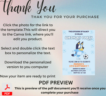 Bluey Football Birthday Invitation | Editable Canva Template | Boys Soccer Party Invite | Printable Kids Birthday Invitation