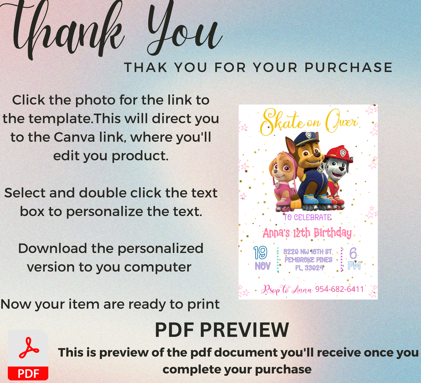 PAW Patrol Roller Skating Birthday Invitation 🛼🐾 | Skye Everest Marshall Party | Editable Canva Template
