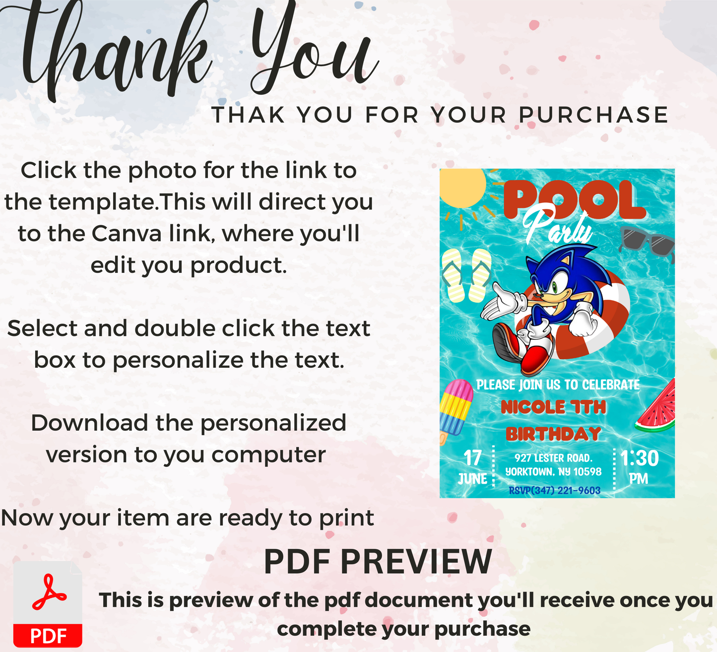 Sonic the Hedgehog & Shadow Pool Birthday Invitation | Summer Swim Party | Editable Canva Template