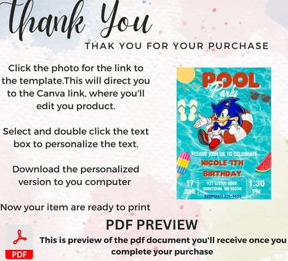 Sonic the Hedgehog & Shadow Pool Birthday Invitation | Summer Swim Party | Editable Canva Template