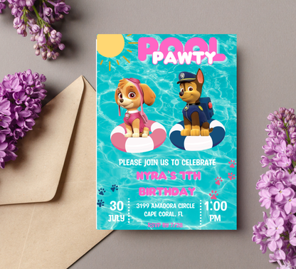 PAW Patrol Marshall & Skye Pool Birthday Invitation | Summer Splash Party | Editable Digital Template