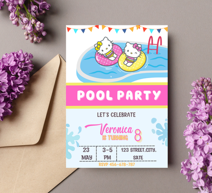 Hello Kitty Pool Birthday Invitation | Summer Swim Party Invite | Editable Canva Template