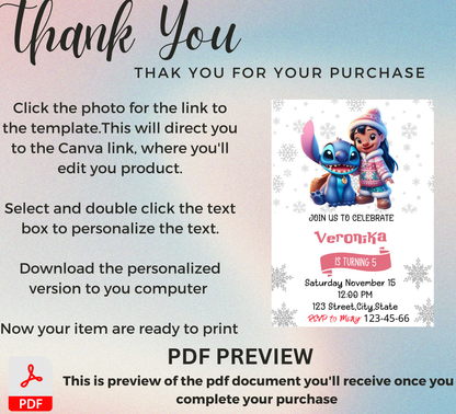 Stitch & Lilo Winter Snowflake Birthday Invitation | Frozen Blue Winter Party | Editable Canva Template | Printable Cute Birthday Invite