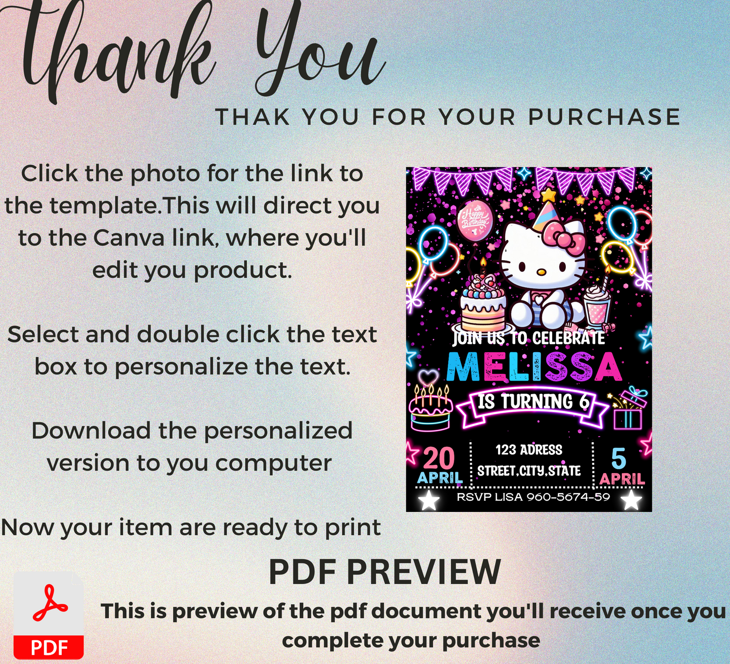 Hello Kitty Neon Birthday Invitation | Editable Glow Party Invite | Kawaii Girls Birthday Printable Template