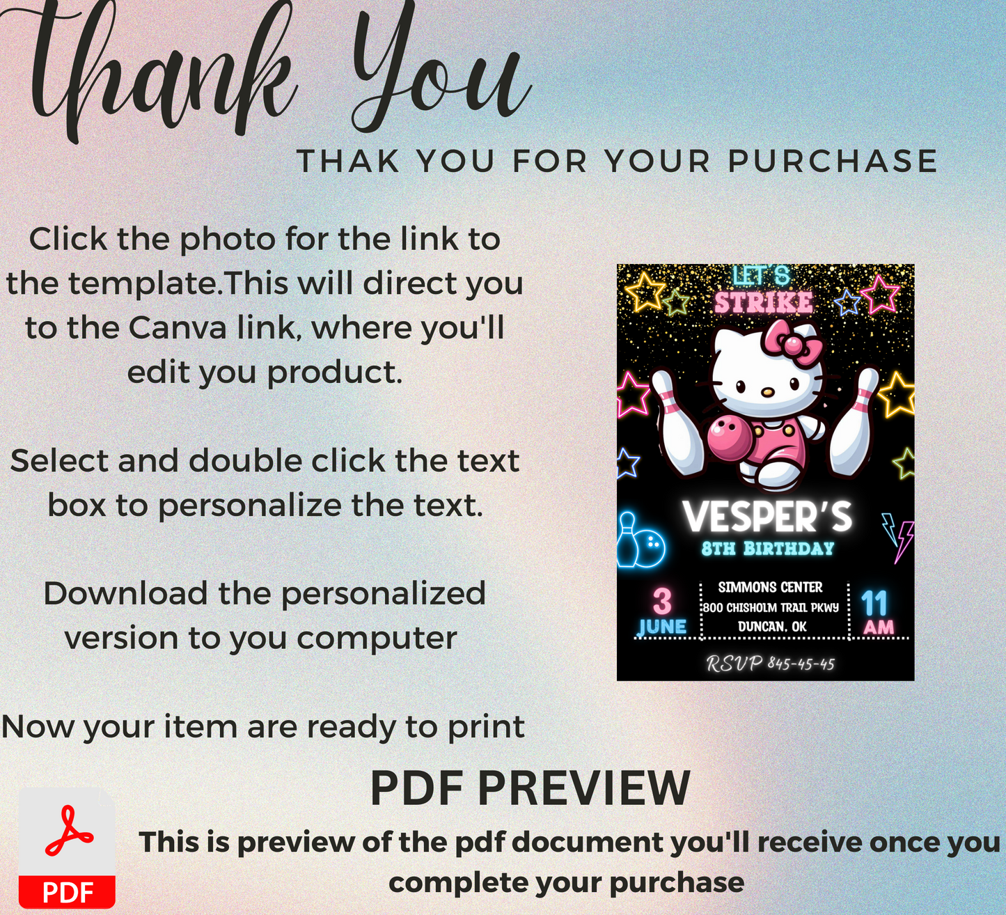 Hello Kitty Bowling Party Invitation | Editable Canva Template | Kawaii Bowling Invite | Printable Non-Birthday Party Invitation