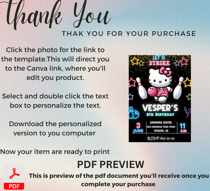 Hello Kitty Bowling Party Invitation | Editable Canva Template | Kawaii Bowling Invite | Printable Non-Birthday Party Invitation