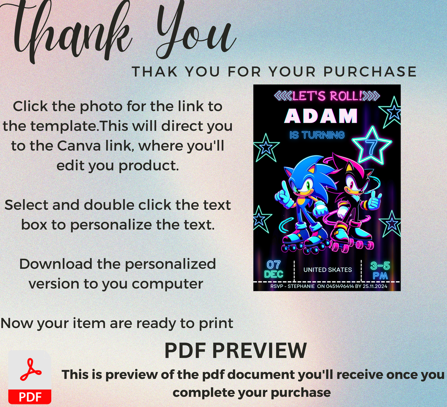 Sonic Neon Roller Skating Birthday Invitation | Glow Skate Party Invite | Editable Canva Template | Fast & Fun Printable