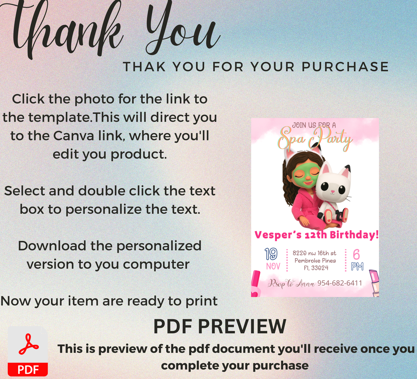 Gabby’s Dollhouse Spa Sleepover Invitation | Slumber Party Invite | Editable Canva Template | A-Meow-Zing Pampering Bash