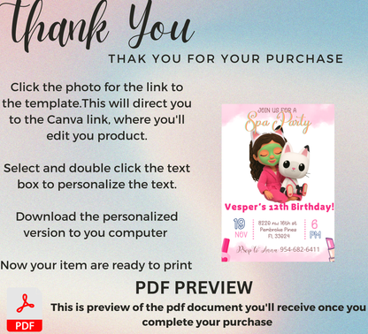 Gabby’s Dollhouse Spa Sleepover Invitation | Slumber Party Invite | Editable Canva Template | A-Meow-Zing Pampering Bash