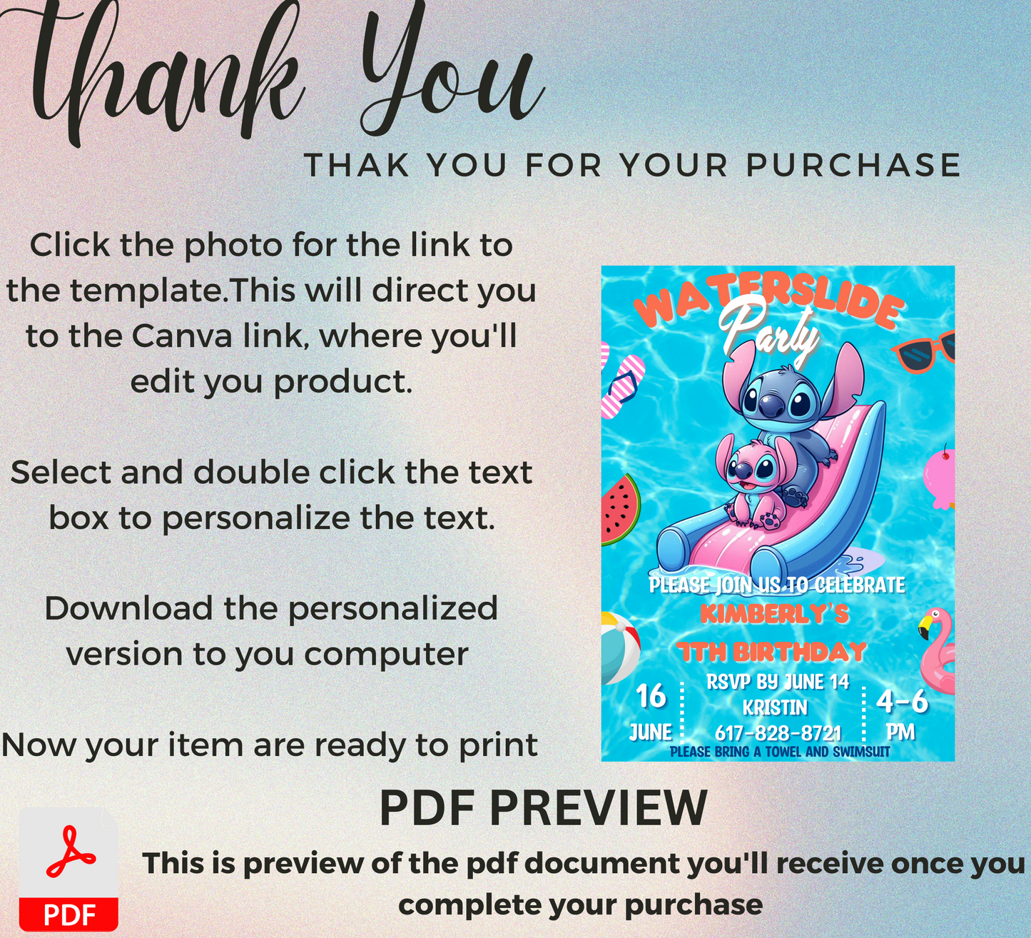 Stitch & Angel Pool Party Birthday Invitation | Editable Canva Template | Kawaii Waterslide Summer Invite | Printable Kids Birthday Invitation