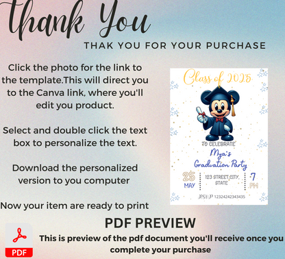 Mickey Mouse Blue Graduation Invitation | School & Kindergarten Template Editable Canva Template | Pink Minnie Party Printable