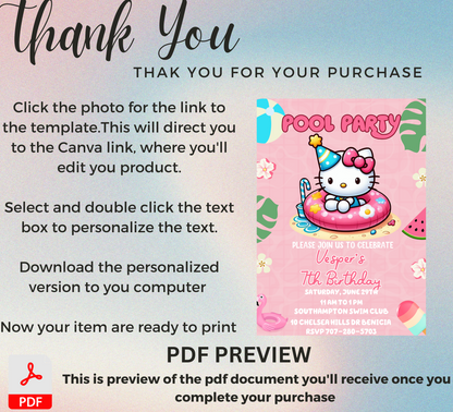 Hello Kitty Pool Pink Birthday Invitation | Editable Summer Pool Party Invite for Girls | Cute & Customizable Hello Kitty Template