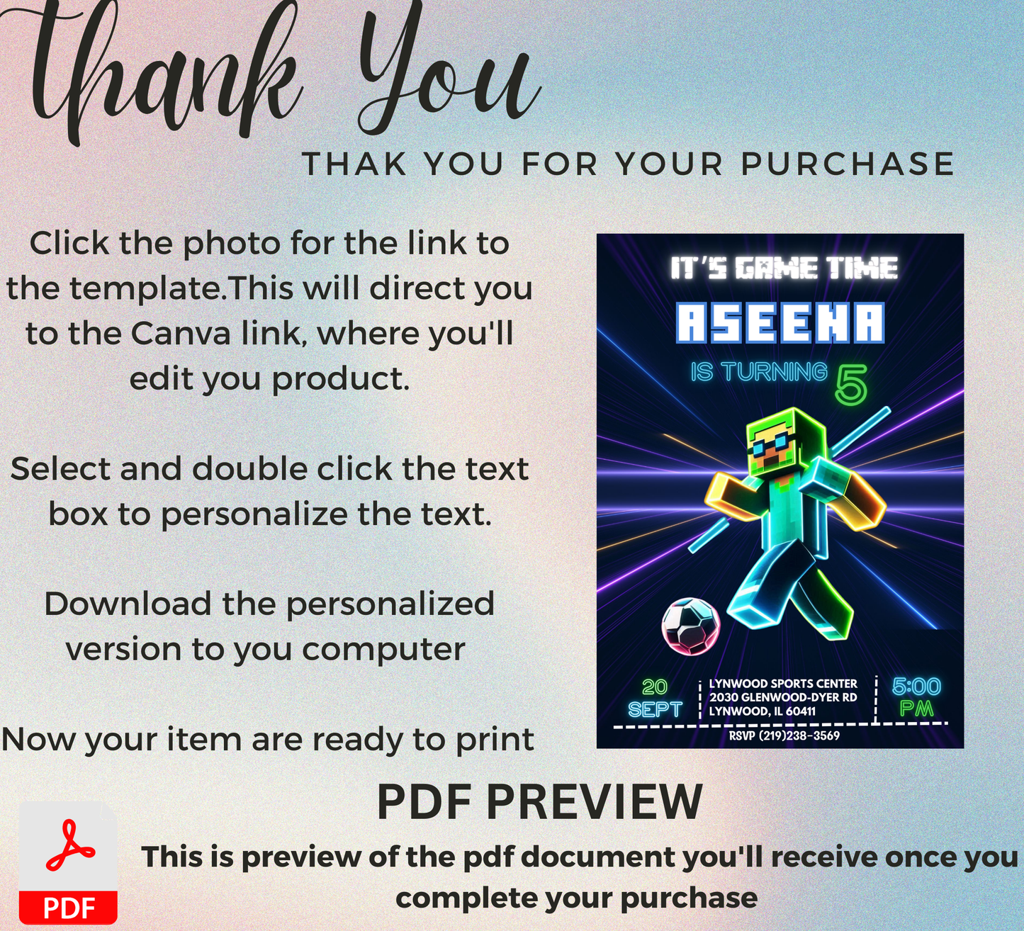 Minecraft Neon Football Invite | Boy’s Soccer Birthday Canva Template