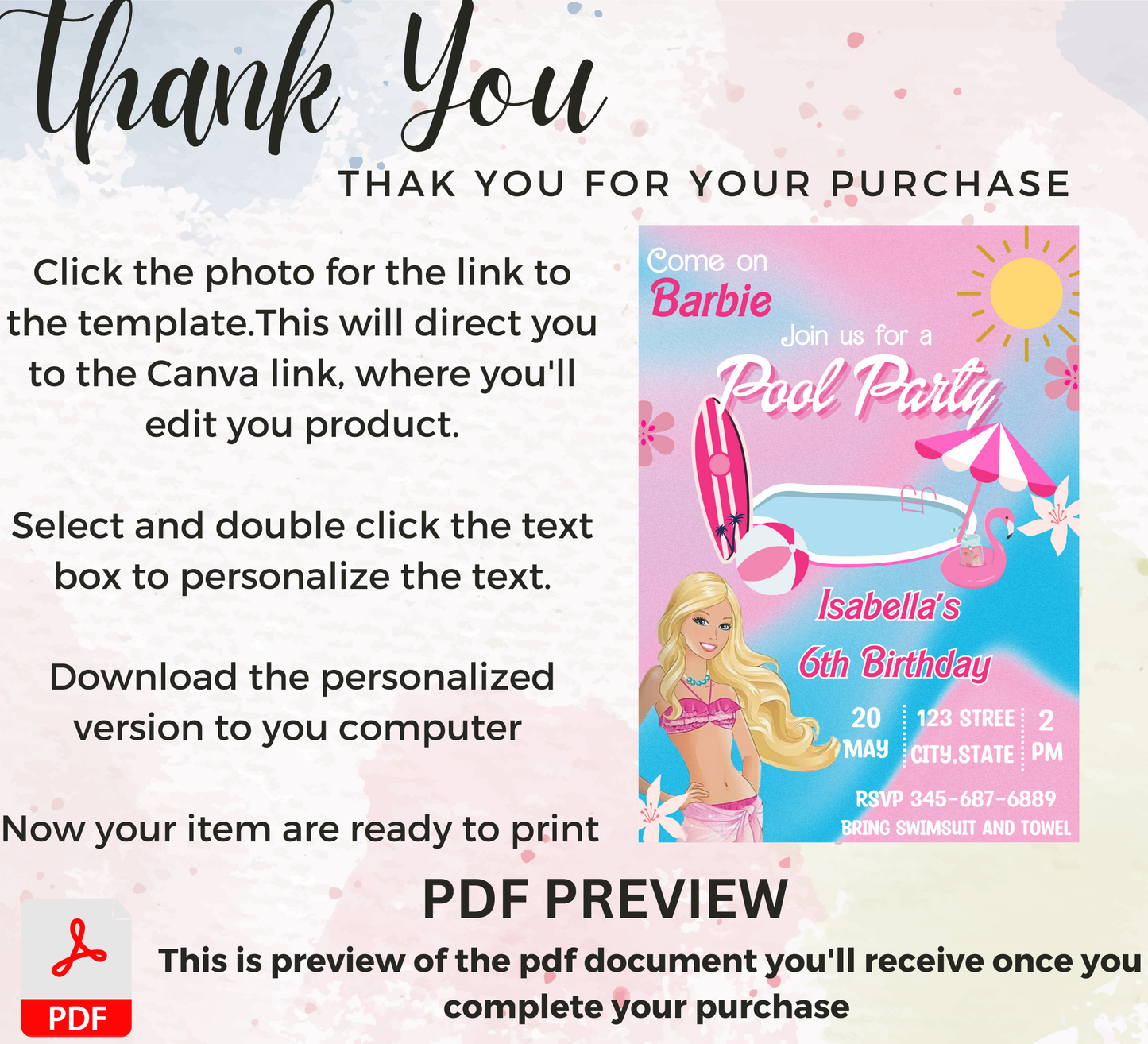 Barbie Pool Pink Birthday Invitation | Glam Summer Party | Editable Digital Invite